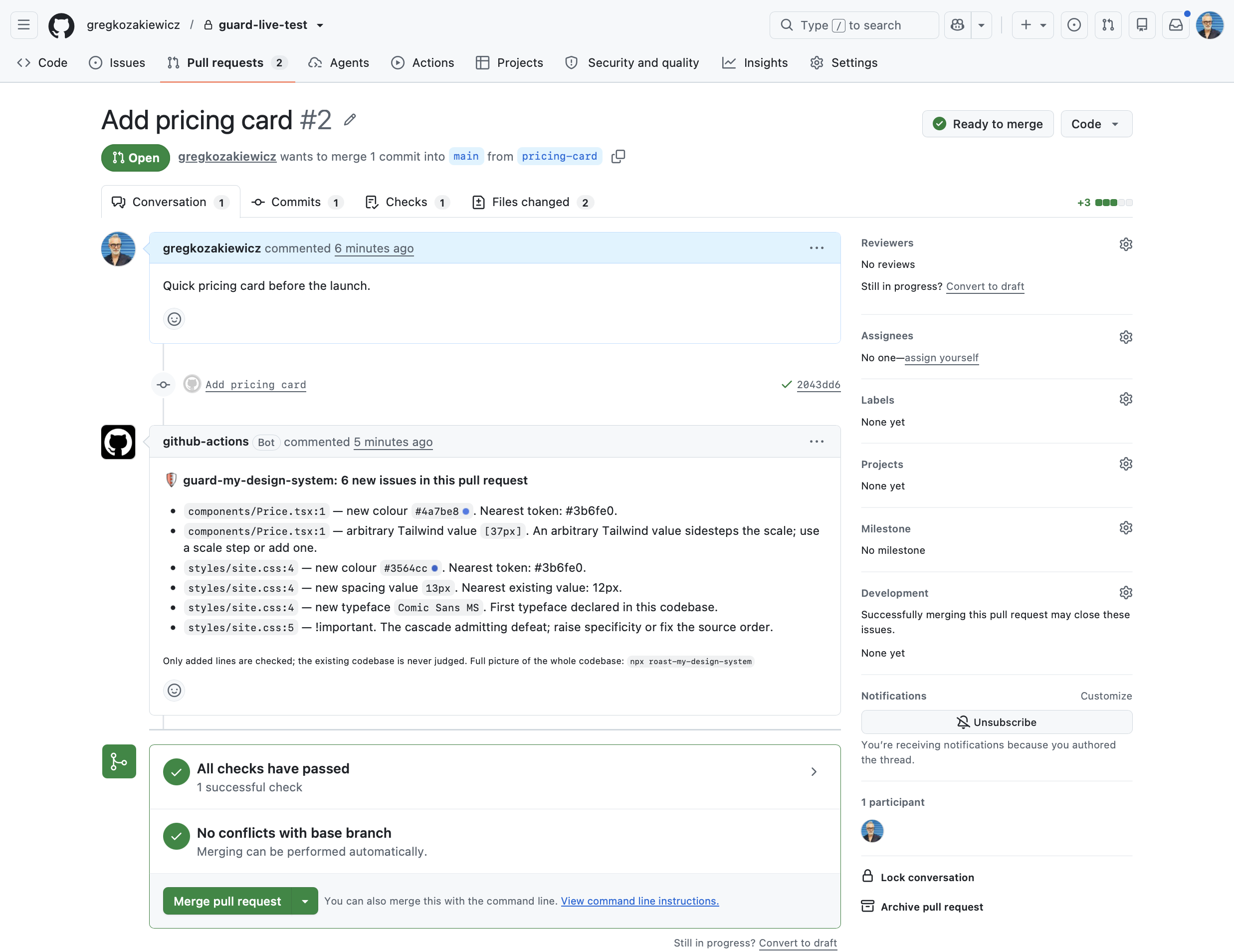The guard's comment on a pull request: six new issues, each with a file path and line, stray colours shown with swatches next to their nearest token, an off-scale spacing value next to its nearest step, a new typeface, an !important, and an arbitrary Tailwind value